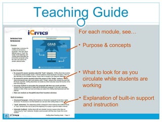 Teaching Guide 
For each module, see… 
• Purpose & concepts 
• What to look for as you 
circulate while students are 
working 
• Explanation of built-in support 
and instruction 
Back to Menu 
 