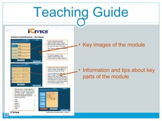 Teaching Guide 
• Key images of the module 
• Information and tips about key 
parts of the module 
Back to Menu 
 