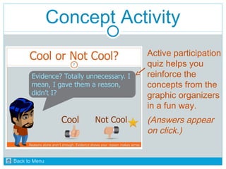 Concept Activity 
Active participation 
quiz helps you 
reinforce the 
concepts from the 
graphic organizers 
in a fun way. 
(Answers appear 
on click.) 
Back to Menu 
 
