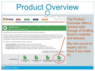 Product Overview 
The Product 
Overview offers a 
general walk-through 
of Drafting 
Board’s modules 
and features. 
(By now you’re an 
expert, but it’s 
there if you need 
it!) 
Back to Menu 
 