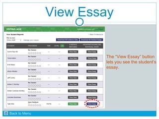 View Essay 
The “View Essay” button 
lets you see the student’s 
essay. 
Back to Menu 
 