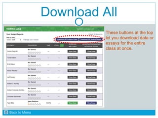 Download All 
These buttons at the top 
let you download data or 
essays for the entire 
class at once. 
Back to Menu 
 