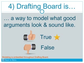 4) Drafting Board is… 
… a way to model what good 
arguments look & sound like. 
True 
False 
Modeling is embedded throughout Drafting Board. 
Back to Menu 
 