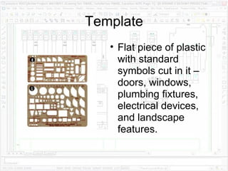 Template Flat piece of plastic with standard symbols cut in it – doors, windows, plumbing fixtures, electrical devices, and landscape features. 