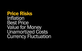 Price Risks
Inflation
Best Price
Value for Money
Unamortized Costs
Currency Fluctuation
 