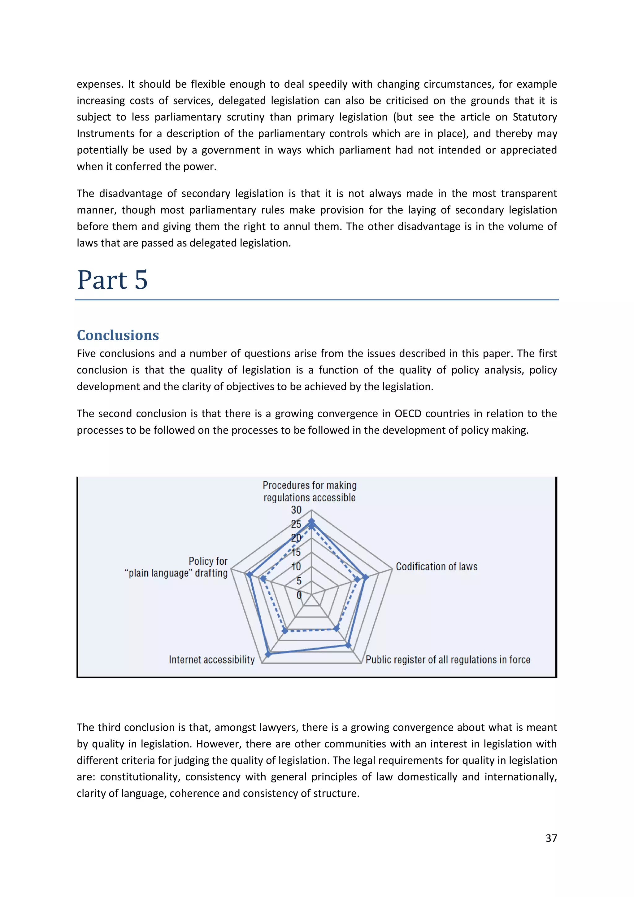 37
expenses. It should be flexible enough to deal speedily with changing circumstances, for example
increasing costs of services, delegated legislation can also be criticised on the grounds that it is
subject to less parliamentary scrutiny than primary legislation (but see the article on Statutory
Instruments for a description of the parliamentary controls which are in place), and thereby may
potentially be used by a government in ways which parliament had not intended or appreciated
when it conferred the power.
The disadvantage of secondary legislation is that it is not always made in the most transparent
manner, though most parliamentary rules make provision for the laying of secondary legislation
before them and giving them the right to annul them. The other disadvantage is in the volume of
laws that are passed as delegated legislation.
Part 5
Conclusions
Five conclusions and a number of questions arise from the issues described in this paper. The first
conclusion is that the quality of legislation is a function of the quality of policy analysis, policy
development and the clarity of objectives to be achieved by the legislation.
The second conclusion is that there is a growing convergence in OECD countries in relation to the
processes to be followed on the processes to be followed in the development of policy making.
The third conclusion is that, amongst lawyers, there is a growing convergence about what is meant
by quality in legislation. However, there are other communities with an interest in legislation with
different criteria for judging the quality of legislation. The legal requirements for quality in legislation
are: constitutionality, consistency with general principles of law domestically and internationally,
clarity of language, coherence and consistency of structure.
 