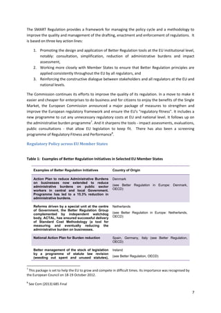 7
The SMART Regulation provides a framework for managing the policy cycle and a methodology to
improve the quality and management of the drafting, enactment and enforcement of regulations. It
is based on three key action lines:
1. Promoting the design and application of Better Regulation tools at the EU institutional level,
notably: consultation, simplification, reduction of administrative burdens and impact
assessment,
2. Working more closely with Member States to ensure that Better Regulation principles are
applied consistently throughout the EU by all regulators, and
3. Reinforcing the constructive dialogue between stakeholders and all regulators at the EU and
national levels.
The Commission continues its efforts to improve the quality of its regulation. In a move to make it
easier and cheaper for enterprises to do business and for citizens to enjoy the benefits of the Single
Market, the European Commission announced a major package of measures to strengthen and
improve the European regulatory framework and ensure the EU's "regulatory fitness". It includes a
new programme to cut any unnecessary regulatory costs at EU and national level. It follows up on
the administrative burden programme7
. And it sharpens the tools - impact assessments, evaluations,
public consultations - that allow EU legislation to keep fit. There has also been a screening
programme of Regulatory Fitness and Performance8
.
Regulatory Policy across EU Member States
Table 1: Examples of Better Regulation Initiatives in Selected EU Member States
Examples of Better Regulation Initiatives Country of Origin
Action Plan to reduce Administrative Burdens
on businesses now extended to reduce
administrative burdens on public sector
workers in central and local Government.
Programme has led to a 15.3% reduction in
administrative burdens.
Denmark
(see Better Regulation in Europe: Denmark,
OECD)
Reforms driven by a special unit at the centre
of Government, the Better Regulation Group
complemented by independent watchdog
body, ACTAL, has ensured successful delivery
of Standard Cost Methodology (a tool for
measuring and eventually reducing the
administrative burden on businesses.
Netherlands
(see Better Regulation in Europe: Netherlands,
OECD)
National Action Plan for Burden reduction Spain, Germany, Italy (see Better Regulation,
OECD)
Better management of the stock of legislation
by a programme of statute law revision
(weeding out spent and unused statutes),
Ireland
(see Better Regulation, OECD)
7
This package is set to help the EU to grow and compete in difficult times. Its importance was recognised by
the European Council on 18-19 October 2012.
8
See Com (2013) 685 Final
 