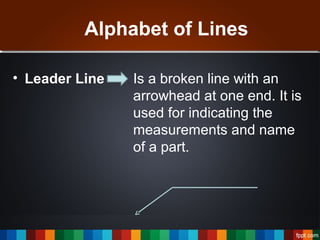 Alphabet of Lines
• Leader Line Is a broken line with an
arrowhead at one end. It is
used for indicating the
measurements and name
of a part.
 