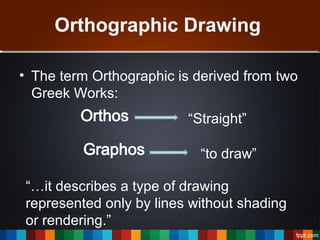 Orthographic Drawing
• The term Orthographic is derived from two
Greek Works:
“Straight”
“to draw”
“…it describes a type of drawing
represented only by lines without shading
or rendering.”
 