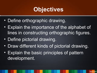 Objectives
• Define orthographic drawing.
• Explain the importance of the alphabet of
lines in constructing orthographic f...