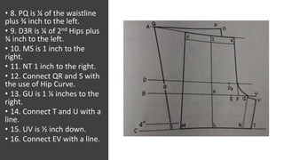 • 8. PQ is ¼ of the waistline
plus ¾ inch to the left.
• 9. D3R is ¼ of 2nd Hips plus
¾ inch to the left.
• 10. MS is 1 inch to the
right.
• 11. NT 1 inch to the right.
• 12. Connect QR and S with
the use of Hip Curve.
• 13. GU is 1 ¼ inches to the
right.
• 14. Connect T and U with a
line.
• 15. UV is ½ inch down.
• 16. Connect EV with a line.
 