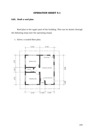 OPERATION SHEET 5.1
LO5. Draft a roof plan

Roof plan is the upper part of the building. This can be drawn through
the following steps (see the operating steps):
1. Given: a scaled floor plan.

105

 