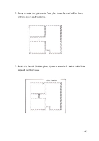2. Draw or trace the given scale floor plan into a form of hidden lines
without doors and windows.

3. From end line of the floor plan, lay out a standard 1.00 m. eave lines
around the floor plan.

1.00 m. Eave line

106

 