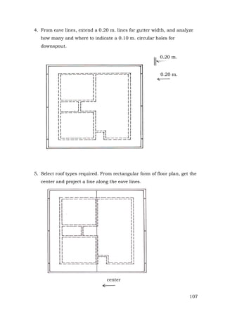 4. From eave lines, extend a 0.20 m. lines for gutter width, and analyze
how many and where to indicate a 0.10 m. circular holes for
downspout.
0.20 m.

0.20 m.

5. Select roof types required. From rectangular form of floor plan, get the
center and project a line along the eave lines.

center

107

 