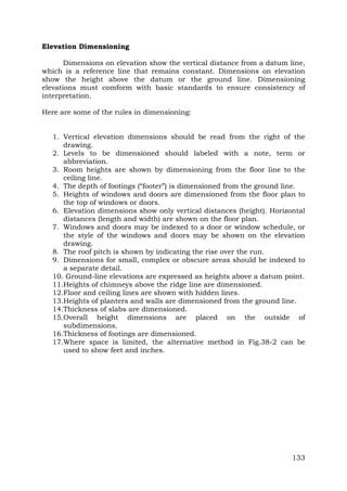 Elevation Dimensioning
Dimensions on elevation show the vertical distance from a datum line,
which is a reference line that remains constant. Dimensions on elevation
show the height above the datum or the ground line. Dimensioning
elevations must comform with basic standards to ensure consistency of
interpretation.
Here are some of the rules in dimensioning:
1. Vertical elevation dimensions should be read from the right of the
drawing.
2. Levels to be dimensioned should labeled with a note, term or
abbreviation.
3. Room heights are shown by dimensioning from the floor line to the
ceiling line.
4. The depth of footings (“footer”) is dimensioned from the ground line.
5. Heights of windows and doors are dimensioned from the floor plan to
the top of windows or doors.
6. Elevation dimensions show only vertical distances (height). Horizontal
distances (length and width) are shown on the floor plan.
7. Windows and doors may be indexed to a door or window schedule, or
the style of the windows and doors may be shown on the elevation
drawing.
8. The roof pitch is shown by indicating the rise over the run.
9. Dimensions for small, complex or obscure areas should be indexed to
a separate detail.
10. Ground-line elevations are expressed as heights above a datum point.
11.Heights of chimneys above the ridge line are dimensioned.
12.Floor and ceiling lines are shown with hidden lines.
13.Heights of planters and walls are dimensioned from the ground line.
14.Thickness of slabs are dimensioned.
15.Overall height dimensions are placed on the outside of
subdimensions.
16.Thickness of footings are dimensioned.
17.Where space is limited, the alternative method in Fig.38-2 can be
used to show feet and inches.

133

 