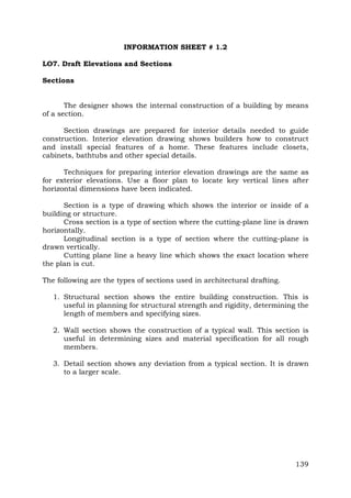 INFORMATION SHEET # 1.2
LO7. Draft Elevations and Sections
Sections
The designer shows the internal construction of a building by means
of a section.
Section drawings are prepared for interior details needed to guide
construction. Interior elevation drawing shows builders how to construct
and install special features of a home. These features include closets,
cabinets, bathtubs and other special details.
Techniques for preparing interior elevation drawings are the same as
for exterior elevations. Use a floor plan to locate key vertical lines after
horizontal dimensions have been indicated.
Section is a type of drawing which shows the interior or inside of a
building or structure.
Cross section is a type of section where the cutting-plane line is drawn
horizontally.
Longitudinal section is a type of section where the cutting-plane is
drawn vertically.
Cutting plane line a heavy line which shows the exact location where
the plan is cut.
The following are the types of sections used in architectural drafting.
1. Structural section shows the entire building construction. This is
useful in planning for structural strength and rigidity, determining the
length of members and specifying sizes.
2. Wall section shows the construction of a typical wall. This section is
useful in determining sizes and material specification for all rough
members.
3. Detail section shows any deviation from a typical section. It is drawn
to a larger scale.

139

 