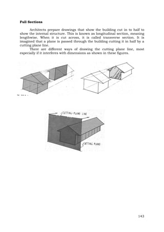 Full Sections
Architects prepare drawings that show the building cut in to half to
show the internal structure. This is known as longitudinal section, meaning
lengthwise. When it is cut across, it is called transverse section. It is
imagined that a plane is passed through the building cutting it in half by a
cutting plane line.
There are different ways of drawing the cutting plane line, most
especially if it interferes with dimensions as shown in these figures.

143

 
