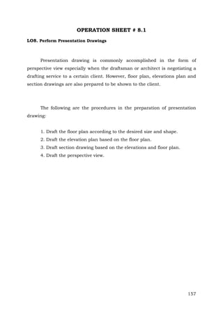 OPERATION SHEET # 8.1
LO8. Perform Presentation Drawings

Presentation drawing is commonly accomplished in the form of
perspective view especially when the draftsman or architect is negotiating a
drafting service to a certain client. However, floor plan, elevations plan and
section drawings are also prepared to be shown to the client.

The following are the procedures in the preparation of presentation
drawing:
1. Draft the floor plan according to the desired size and shape.
2. Draft the elevation plan based on the floor plan.
3. Draft section drawing based on the elevations and floor plan.
4. Draft the perspective view.

157

 