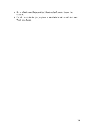 



Return books and borrowed architectural references inside the
cabinet.
Put all things in the proper place to avoid disturbance and accident.
Work as a Team

164

 