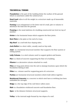 TECHNICAL TERMS
Foundation is the part of the building below the surface of the ground
which is sometimes called the substructure.
Dead Load refers to all the weight in a structure made up of immovable
materials.
Footing is an enlargement at the lower end of a wall, pier or column to
distribute the load into the ground.
Framing is the wood skeleton of a building constructed one level on top of
another.
Girder is the horizontal beam which supports the floor joints.
Heel Plate is the plate at the end of a truss.
Hip Roof is a roof with four sloping sides.
Jack Rafter is a short rafter, usually used on hip roofs.
Joist is a horizontal structural member that supports the floor system or
ceiling system.
Lally Column is a steel column used to support girders and beams.
Pier is a block of concrete supporting the floor of a building.
Pilaster is a decorative column attached to a wall.
Piles are long posts driven into the soil in swampy locations upon which the
foundation footing is laid.
Pillar is a column used for supporting parts of a structure.
Purlins are horizontal structural members which hold rafters together.
Reinforced Concrete is a concrete in which steel bars or webbing has been
embedded for strength.
Ridge is a the top edge of the roof where rafters meet.
Slab is a foundation reinforced concrete and foundation floor.
Span is the distance between structural supports.
Valley is the internal angle formed by two slopes of a roof.

2

 