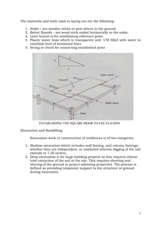 The materials and tools used in laying out are the following:
1.
2.
3.
4.

Stake – are wooden sticks or post driven to the ground
Batter Boards – are wood stick nailed horizontally to the stake.
Level transit is for establishing reference point.
Plastic water hose which is transparent and ¼”Ø filled with water to
establish level of horizontal lines
5. String or chord for connecting established point

ESTABLISHING THE SQUARE PRIOR TO EXCAVATION
Excavation and Backfilling
Excavation work in construction of residences is of two categories:
1. Shallow excavation which includes wall footing, and column footings,
whether they are independent, or combined wherein digging of the soil
extends to 1.50 meters.
2. Deep excavation is for large building projects as this requires almost
total extraction of the soil at the site. This requires sheeting and
shoring of the ground to project adjoining properties. The process is
defined as providing temporary support to the structure or ground
during excavation.

7

 