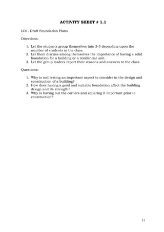 ACTIVITY SHEET # 1.1
LO1. Draft Foundation Plans
Directions:
1. Let the students group themselves into 3-5 depending upon the
number of students in the class.
2. Let them discuss among themselves the importance of having a solid
foundation for a building or a residential unit.
3. Let the group leaders report their reasons and answers to the class.
Questions:
1. Why is soil testing an important aspect to consider in the design and
construction of a building?
2. How does having a good and suitable foundation affect the building
design and its strength?
3. Why is having out the corners and squaring it important prior to
construction?

11

 