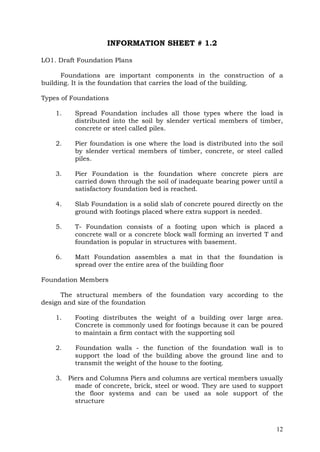 INFORMATION SHEET # 1.2
LO1. Draft Foundation Plans
Foundations are important components in the construction of a
building. It is the foundation that carries the load of the building.
Types of Foundations
1.

Spread Foundation includes all those types where the load is
distributed into the soil by slender vertical members of timber,
concrete or steel called piles.

2.

Pier foundation is one where the load is distributed into the soil
by slender vertical members of timber, concrete, or steel called
piles.

3.

Pier Foundation is the foundation where concrete piers are
carried down through the soil of inadequate bearing power until a
satisfactory foundation bed is reached.

4.

Slab Foundation is a solid slab of concrete poured directly on the
ground with footings placed where extra support is needed.

5.

T- Foundation consists of a footing upon which is placed a
concrete wall or a concrete block wall forming an inverted T and
foundation is popular in structures with basement.

6.

Matt Foundation assembles a mat in that the foundation is
spread over the entire area of the building floor

Foundation Members
The structural members of the foundation vary according to the
design and size of the foundation
1.

Footing distributes the weight of a building over large area.
Concrete is commonly used for footings because it can be poured
to maintain a firm contact with the supporting soil

2.

Foundation walls - the function of the foundation wall is to
support the load of the building above the ground line and to
transmit the weight of the house to the footing.

3. Piers and Columns Piers and columns are vertical members usually
made of concrete, brick, steel or wood. They are used to support
the floor systems and can be used as sole support of the
structure

12

 