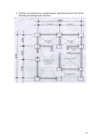 5. Finalize the drawing by completing the specifications for the detail
drawing of footings and columns.

Elevation +
0.20

Elevation +
0.20
Elevation +
0.10

Elevation + 0.20
Compacted
Gravel Fill

Elevation + 0.20

Elevation + 0.10

21

 