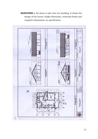 ELEVATION is the front or side view of a building. It shows the
design of the house, height dimension, materials finish and
complete information on specification.

13

 