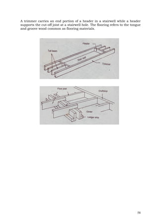 A trimmer carries an end portion of a header in a stairwell while a header
supports the cut-off joist at a stairwell hole. The flooring refers to the tongue
and groove wood common as flooring materials.

58

 