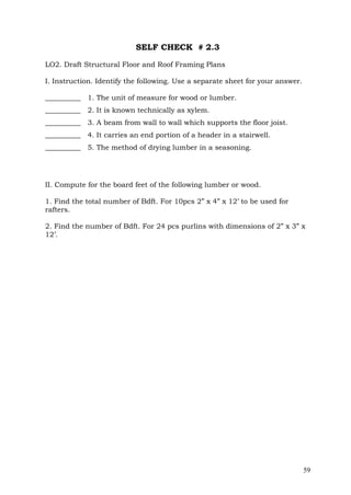 SELF CHECK # 2.3
LO2. Draft Structural Floor and Roof Framing Plans
I. Instruction. Identify the following. Use a separate sheet for your answer.
__________ 1. The unit of measure for wood or lumber.
__________ 2. It is known technically as xylem.
__________ 3. A beam from wall to wall which supports the floor joist.
__________ 4. It carries an end portion of a header in a stairwell.
__________ 5. The method of drying lumber in a seasoning.

II. Compute for the board feet of the following lumber or wood.
1. Find the total number of Bdft. For 10pcs 2” x 4” x 12’ to be used for
rafters.
2. Find the number of Bdft. For 24 pcs purlins with dimensions of 2” x 3” x
12’.

59

 
