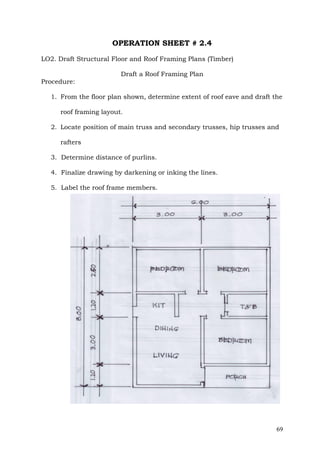 OPERATION SHEET # 2.4
LO2. Draft Structural Floor and Roof Framing Plans (Timber)
Draft a Roof Framing Plan
Procedure:
1. From the floor plan shown, determine extent of roof eave and draft the
roof framing layout.
2. Locate position of main truss and secondary trusses, hip trusses and
rafters
3. Determine distance of purlins.
4. Finalize drawing by darkening or inking the lines.
5. Label the roof frame members.

69

 