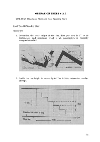OPERATION SHEET # 2.5
LO2. Draft Structural Floor and Roof Framing Plans
Draft Two (2) Wooden Stair
Procedure
1. Determine the clear height of the rise. Rise per step is 17 to 18
centimeters and minimum tread is 25 centimeters is normally
accepted standard

2. Divide the rise height in meters by 0.17 or 0.18 to determine number
of steps.

88

 