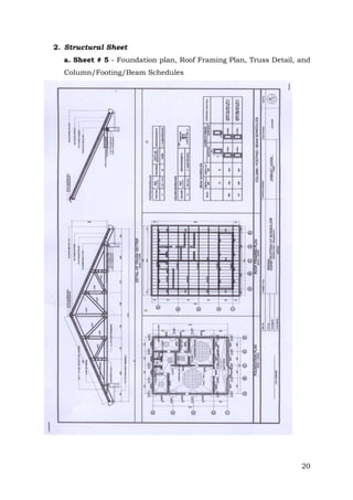 2. Structural Sheet
a. Sheet # 5 - Foundation plan, Roof Framing Plan, Truss Detail, and
Column/Footing/Beam Schedules

20

 