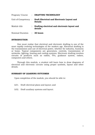 Program/ Course

:

DRAFTING TECHNOLOGY

Unit of Competency :

Draft Electrical and Electronic Layout and
Details

Module title

:

Drafting electrical and electronic layout and
details

Nominal Duration

:

30 hours

INTRODUCTION:
One must realize that electrical and electronic drafting is one of the
most rapidly evolving technologies of the modern age. Electrical drafting is
the transmission and use of electrical power, whether for industry, business
or home. Typical components are generators, controls, transmission of
networks, lighting, heating and cooling systems. Electronic drafting involves
circuits of products such as radios, TVs, guidance system, radars,
computers and others.
Through this module, a student will learn how to draw diagrams of
electrical and electronic circuits using proper symbols, layout and other
details.
SUMMARY OF LEARNING OUTCOMES
Upon completion of the module, you should be able to:
LO1. Draft electrical plans and layout; and
LO2. Draft auxiliary systems and layout.

1

 
