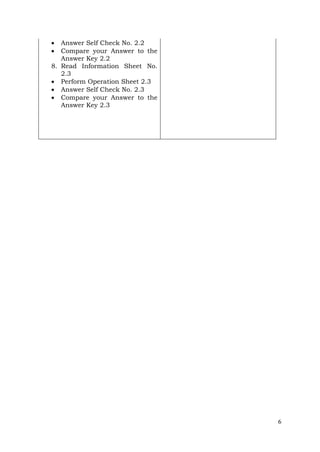 


Answer Self Check No. 2.2
Compare your Answer to the
Answer Key 2.2
8. Read Information Sheet No.
2.3
 Perform Operation Sheet 2.3
 Answer Self Check No. 2.3
 Compare your Answer to the
Answer Key 2.3

6

 