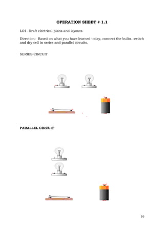OPERATION SHEET # 1.1
LO1. Draft electrical plans and layouts
Direction: Based on what you have learned today, connect the bulbs, switch
and dry cell in series and parallel circuits.
SERIES CIRCUIT

PARALLEL CIRCUIT

10

 