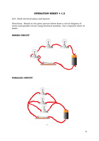 OPERATION SHEET # 1.2
LO1. Draft electrical plans and layouts
Directions: Based on the given picture below draw a circuit diagram of
series and parallel circuit using electrical symbols. Use a separate sheet of
paper.
SERIES CIRCUIT

PARALLEL CIRCUIT

14

 