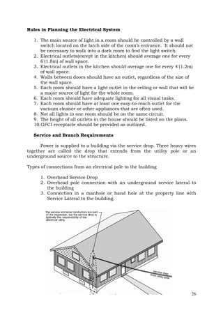 Rules in Planning the Electrical System
1. The main source of light in a room should be controlled by a wall
switch located on the latch side of the room’s entrance. It should not
be necessary to walk into a dark room to find the light switch.
2. Electrical outlets(except in the kitchen) should average one for every
6'(1.8m) of wall space.
3. Electrical outlets in the kitchen should average one for every 4'(1.2m)
of wall space.
4. Walls between doors should have an outlet, regardless of the size of
the wall space.
5. Each room should have a light outlet in the ceiling or wall that will be
a major source of light for the whole room.
6. Each room should have adequate lighting for all visual tasks.
7. Each room should have at least one easy-to-reach outlet for the
vacuum cleaner or other appliances that are often used.
8. Not all lights in one room should be on the same circuit.
9. The height of all outlets in the house should be listed on the plans.
10.GFCI receptacle should be provided as outlined.
Service and Branch Requirements
Power is supplied to a building via the service drop. Three heavy wires
together are called the drop that extends from the utility pole or an
underground source to the structure.
Types of connections from an electrical pole to the building
1. Overhead Service Drop
2. Overhead pole connection with an underground service lateral to
the building
3. Connection in a manhole or hand hole at the property line with
Service Lateral to the building.

26

 