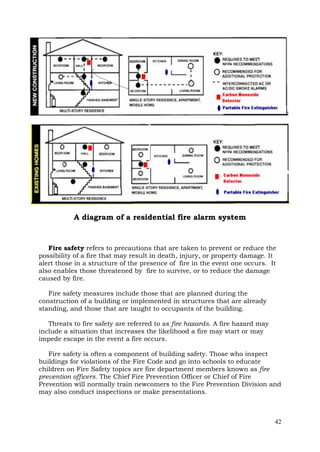 A diagram of a residential fire alarm system

Fire safety refers to precautions that are taken to prevent or reduce the
possibility of a fire that may result in death, injury, or property damage. It
alert those in a structure of the presence of fire in the event one occurs. It
also enables those threatened by fire to survive, or to reduce the damage
caused by fire.
Fire safety measures include those that are planned during the
construction of a building or implemented in structures that are already
standing, and those that are taught to occupants of the building.
Threats to fire safety are referred to as fire hazards. A fire hazard may
include a situation that increases the likelihood a fire may start or may
impede escape in the event a fire occurs.
Fire safety is often a component of building safety. Those who inspect
buildings for violations of the Fire Code and go into schools to educate
children on Fire Safety topics are fire department members known as fire
prevention officers. The Chief Fire Prevention Officer or Chief of Fire
Prevention will normally train newcomers to the Fire Prevention Division and
may also conduct inspections or make presentations.

42

 
