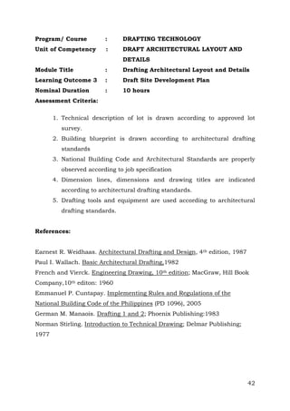Program/ Course

:

DRAFTING TECHNOLOGY

Unit of Competency

:

DRAFT ARCHITECTURAL LAYOUT AND
DETAILS

Module Title

:

Drafting Architectural Layout and Details

Learning Outcome 3

:

Draft Site Development Plan

Nominal Duration

:

10 hours

Assessment Criteria:
1. Technical description of lot is drawn according to approved lot
survey.
2. Building blueprint is drawn according to architectural drafting
standards
3. National Building Code and Architectural Standards are properly
observed according to job specification
4. Dimension lines, dimensions and drawing titles are indicated
according to architectural drafting standards.
5. Drafting tools and equipment are used according to architectural
drafting standards.
References:
Earnest R. Weidhaas. Architectural Drafting and Design, 4th edition, 1987
Paul I. Wallach. Basic Architectural Drafting,1982
French and Vierck. Engineering Drawing, 10th edition; MacGraw, Hill Book
Company,10th editon: 1960
Emmanuel P. Cuntapay. Implementing Rules and Regulations of the
National Building Code of the Philippines (PD 1096), 2005
German M. Manaois. Drafting 1 and 2; Phoenix Publishing:1983
Norman Stirling. Introduction to Technical Drawing; Delmar Publishing;
1977

42

 