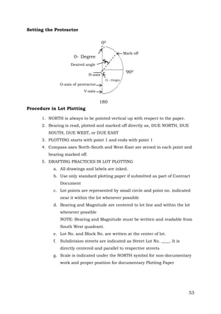 Setting the Protractor
00
Mark off

0- Degree
Desired angle

900

H-axis
O - Origin

O-axis of protractor
V-axis

180
Procedure in Lot Plotting

0

1. NORTH is always to be pointed vertical up with respect to the paper.
2. Bearing is read, plotted and marked off directly as, DUE NORTH, DUE
SOUTH, DUE WEST, or DUE EAST
3. PLOTTING starts with point 1 and ends with point 1
4. Compass axes North-South and West-East are zeroed in each point and
bearing marked off.
5. DRAFTING PRACTICES IN LOT PLOTTING
a. All drawings and labels are inked.
b. Use only standard plotting paper if submitted as part of Contract
Document
c. Lot points are represented by small circle and point no. indicated
near it within the lot whenever possible
d. Bearing and Magnitude are centered to lot line and within the lot
whenever possible
NOTE: Bearing and Magnitude must be written and readable from
South West quadrant.
e. Lot No. and Block No. are written at the center of lot.
f. Subdivision streets are indicated as Street Lot No. ____. It is
directly centered and parallel to respective streets
g. Scale is indicated under the NORTH symbol for non-documentary
work and proper position for documentary Plotting Paper

53

 