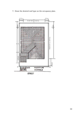 7. Draw the desired roof type on the occupancy plan.

2.50 m.
N 350 40’ E., 12.25 m.

setback

setback

setback

W 600 25’ S., 16.75 m.

setback

setback

setback

2.0 m.

59

 