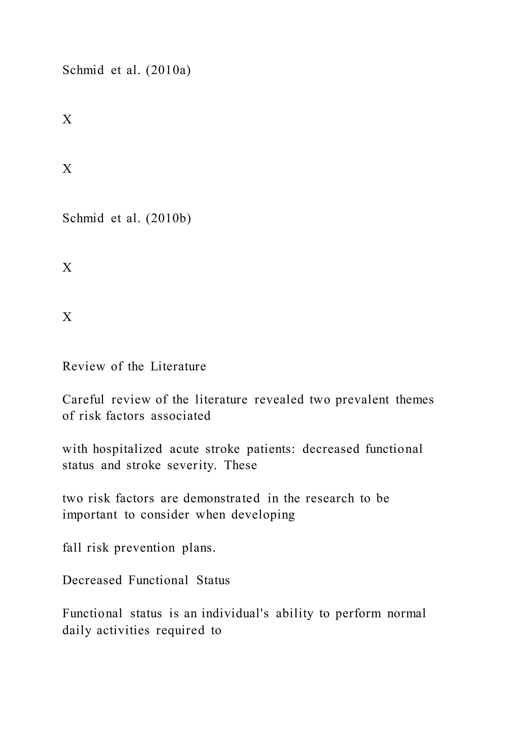 Schmid et al. (2010a)
X
X
Schmid et al. (2010b)
X
X
Review of the Literature
Careful review of the literature revealed two prevalent themes
of risk factors associated
with hospitalized acute stroke patients: decreased functional
status and stroke severity. These
two risk factors are demonstrated in the research to be
important to consider when developing
fall risk prevention plans.
Decreased Functional Status
Functional status is an individual's ability to perform normal
daily activities required to
 