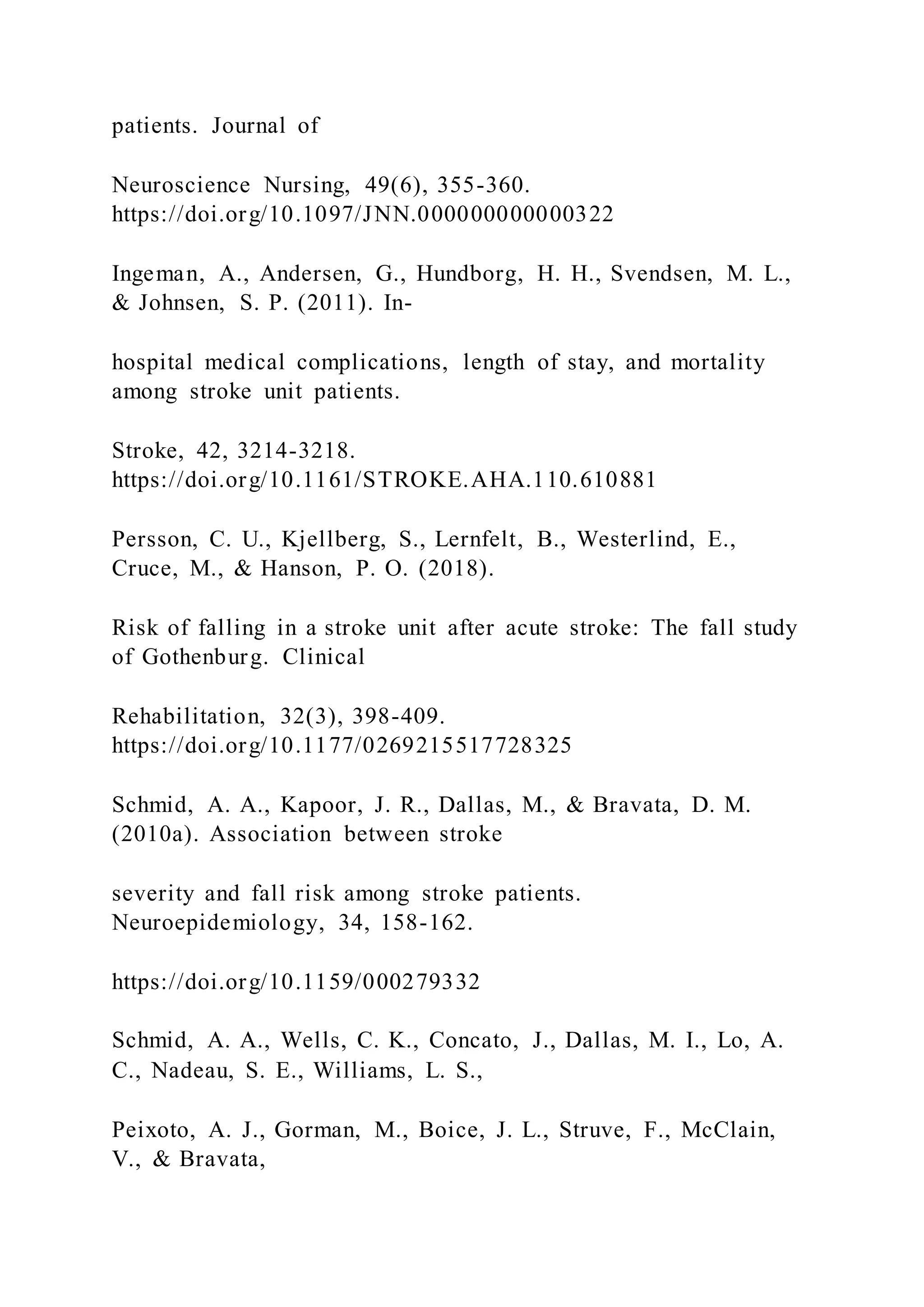 patients. Journal of
Neuroscience Nursing, 49(6), 355-360.
https://doi.org/10.1097/JNN.000000000000322
Ingeman, A., Andersen, G., Hundborg, H. H., Svendsen, M. L.,
& Johnsen, S. P. (2011). In-
hospital medical complications, length of stay, and mortality
among stroke unit patients.
Stroke, 42, 3214-3218.
https://doi.org/10.1161/STROKE.AHA.110.610881
Persson, C. U., Kjellberg, S., Lernfelt, B., Westerlind, E.,
Cruce, M., & Hanson, P. O. (2018).
Risk of falling in a stroke unit after acute stroke: The fall study
of Gothenburg. Clinical
Rehabilitation, 32(3), 398-409.
https://doi.org/10.1177/0269215517728325
Schmid, A. A., Kapoor, J. R., Dallas, M., & Bravata, D. M.
(2010a). Association between stroke
severity and fall risk among stroke patients.
Neuroepidemiology, 34, 158-162.
https://doi.org/10.1159/000279332
Schmid, A. A., Wells, C. K., Concato, J., Dallas, M. I., Lo, A.
C., Nadeau, S. E., Williams, L. S.,
Peixoto, A. J., Gorman, M., Boice, J. L., Struve, F., McClain,
V., & Bravata,
 