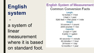 English
system
-
a system of
linear
measurement
where it is based
on standard foot.
 