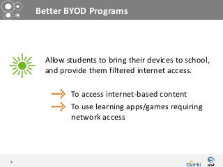 Better BYOD Programs



      Allow students to bring their devices to school,
      and provide them filtered internet access.

             To access internet-based content
             To use learning apps/games requiring
             network access




40
 