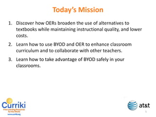 Today’s Mission


    Discover how OERs broaden the use of alternatives to
    textbooks while maintaining instructional quality, and
    lowers costs.
    Learn how to use BYOD and OER to enhance classroom
    curriculum and to collaborate with other teachers.
    Learn how to take advantage of BYOD safely in your
    classrooms.




5
 