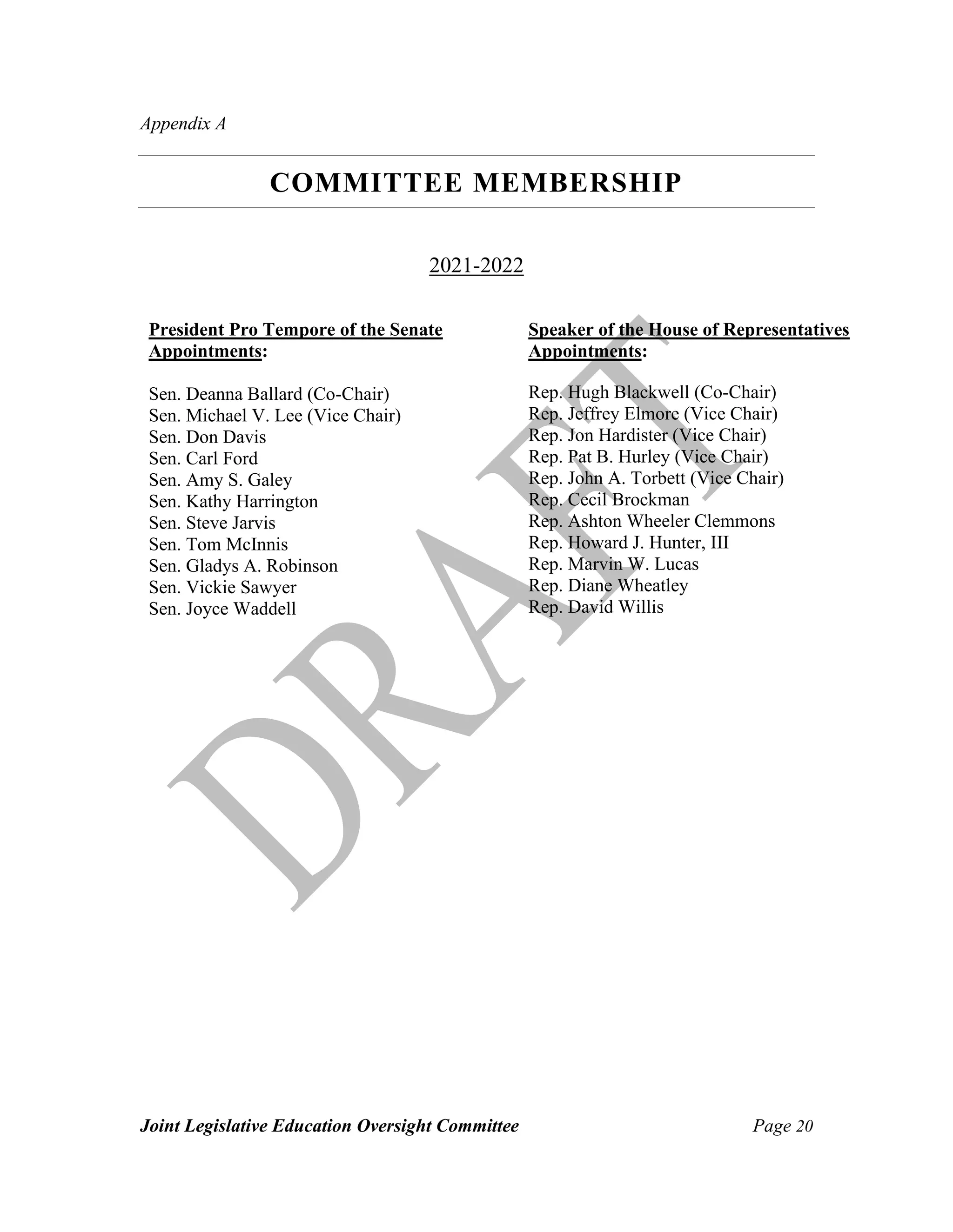 Joint Legislative Education Oversight Committee Page 20
Appendix A
COMMITTEE MEMBERSHIP
2021-2022
President Pro Tempore of the Senate
Appointments:
Sen. Deanna Ballard (Co-Chair)
Sen. Michael V. Lee (Vice Chair)
Sen. Don Davis
Sen. Carl Ford
Sen. Amy S. Galey
Sen. Kathy Harrington
Sen. Steve Jarvis
Sen. Tom McInnis
Sen. Gladys A. Robinson
Sen. Vickie Sawyer
Sen. Joyce Waddell
Speaker of the House of Representatives
Appointments:
Rep. Hugh Blackwell (Co-Chair)
Rep. Jeffrey Elmore (Vice Chair)
Rep. Jon Hardister (Vice Chair)
Rep. Pat B. Hurley (Vice Chair)
Rep. John A. Torbett (Vice Chair)
Rep. Cecil Brockman
Rep. Ashton Wheeler Clemmons
Rep. Howard J. Hunter, III
Rep. Marvin W. Lucas
Rep. Diane Wheatley
Rep. David Willis
 