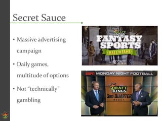 Secret Sauce
• Massive advertising
campaign
• Daily games,
multitude of options
• Not “technically”
gambling